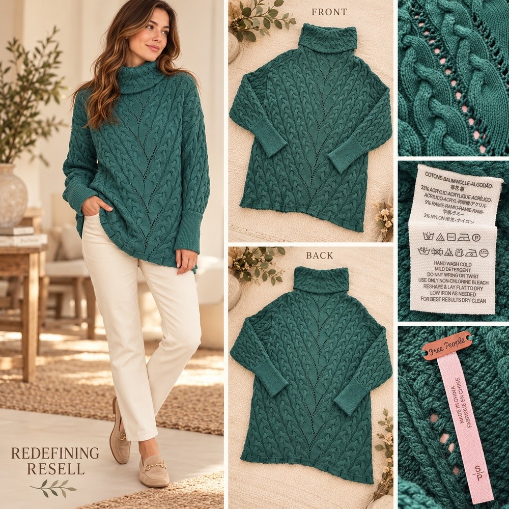 Free People On a Boat Teal Green Cable Knit Turtleneck Tunic Sweater Small